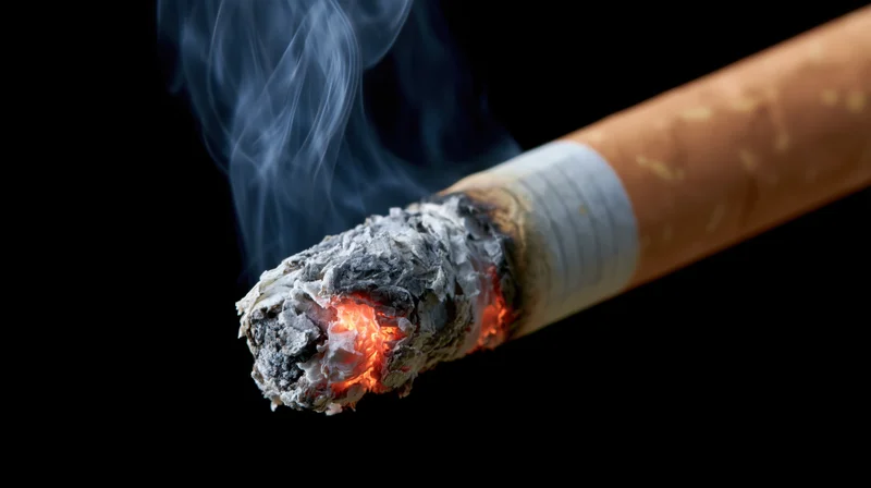 Closeup of a burning cigarette tip with glowing ember and rising smoke against black background