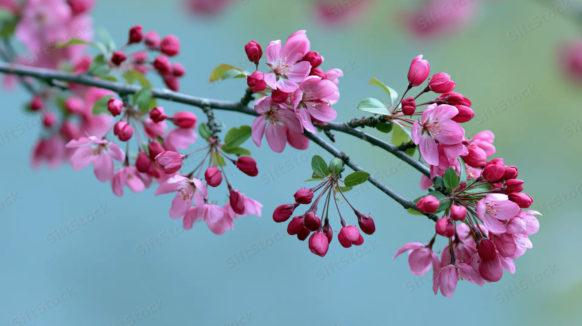 Close-up of a crabapple branch in full bloom with pink flowers and green leaves against a soft blue background