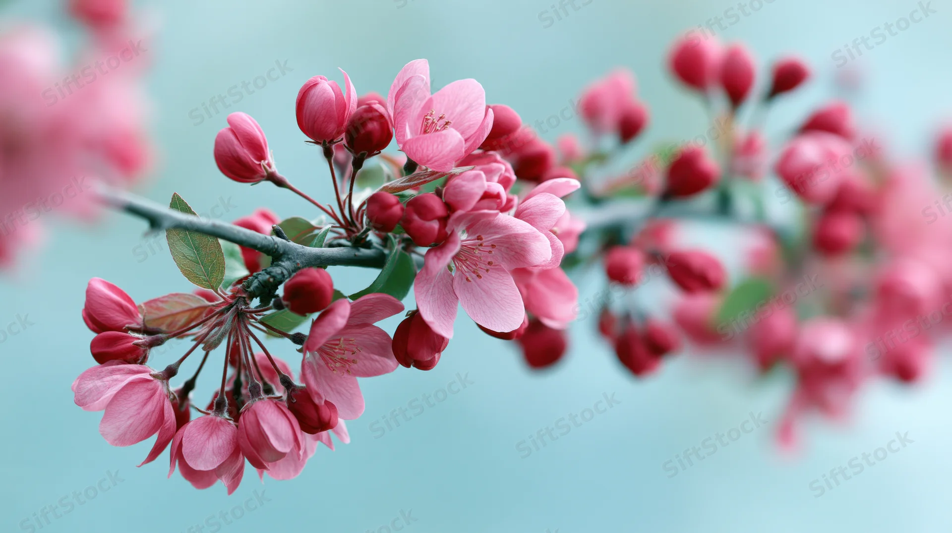 Close-up of a crabapple branch in full bloom with pink flowers and buds against a soft blue background
