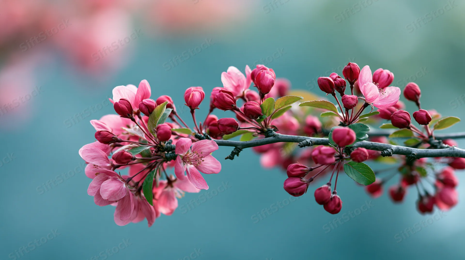 Crabapple branch with pink blossoms and buds in spring garden setting