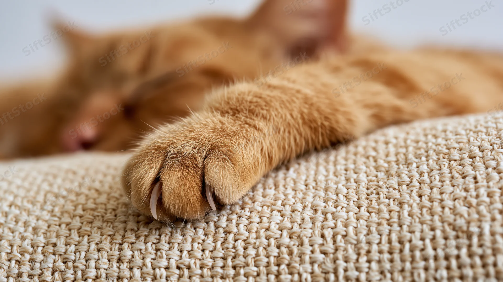 Close-up of an orange tabby cat's paw resting on a textured beige fabric couch
