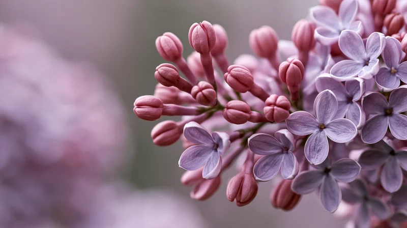 Close-up of lilac flower clusters in bloom with pink buds and purple blossoms on a soft blurred background
