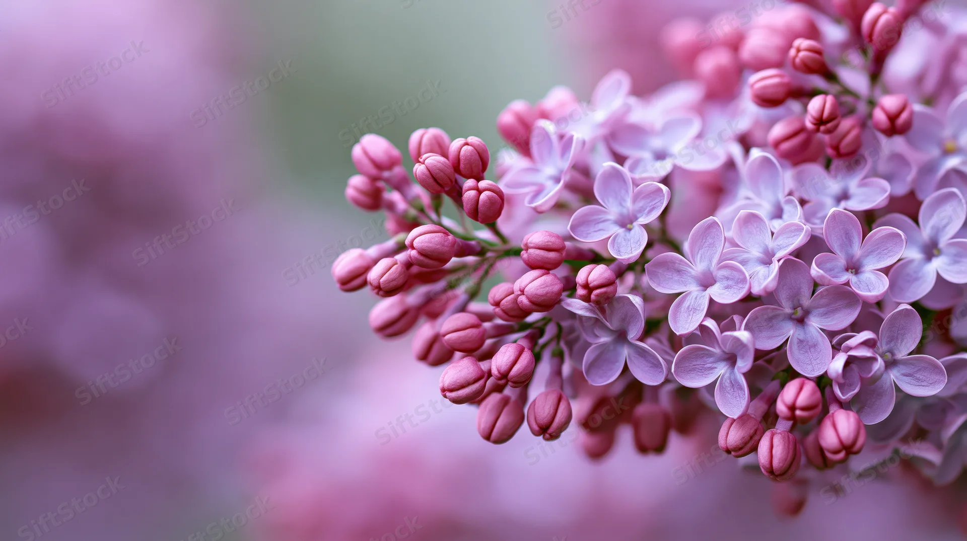 Close-up of lilac flower clusters in bloom with soft pink and purple petals and buds, set against a blurred floral background