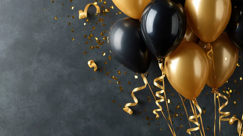 Cluster of black and gold metallic balloons with confetti and ribbons on dark textured surface