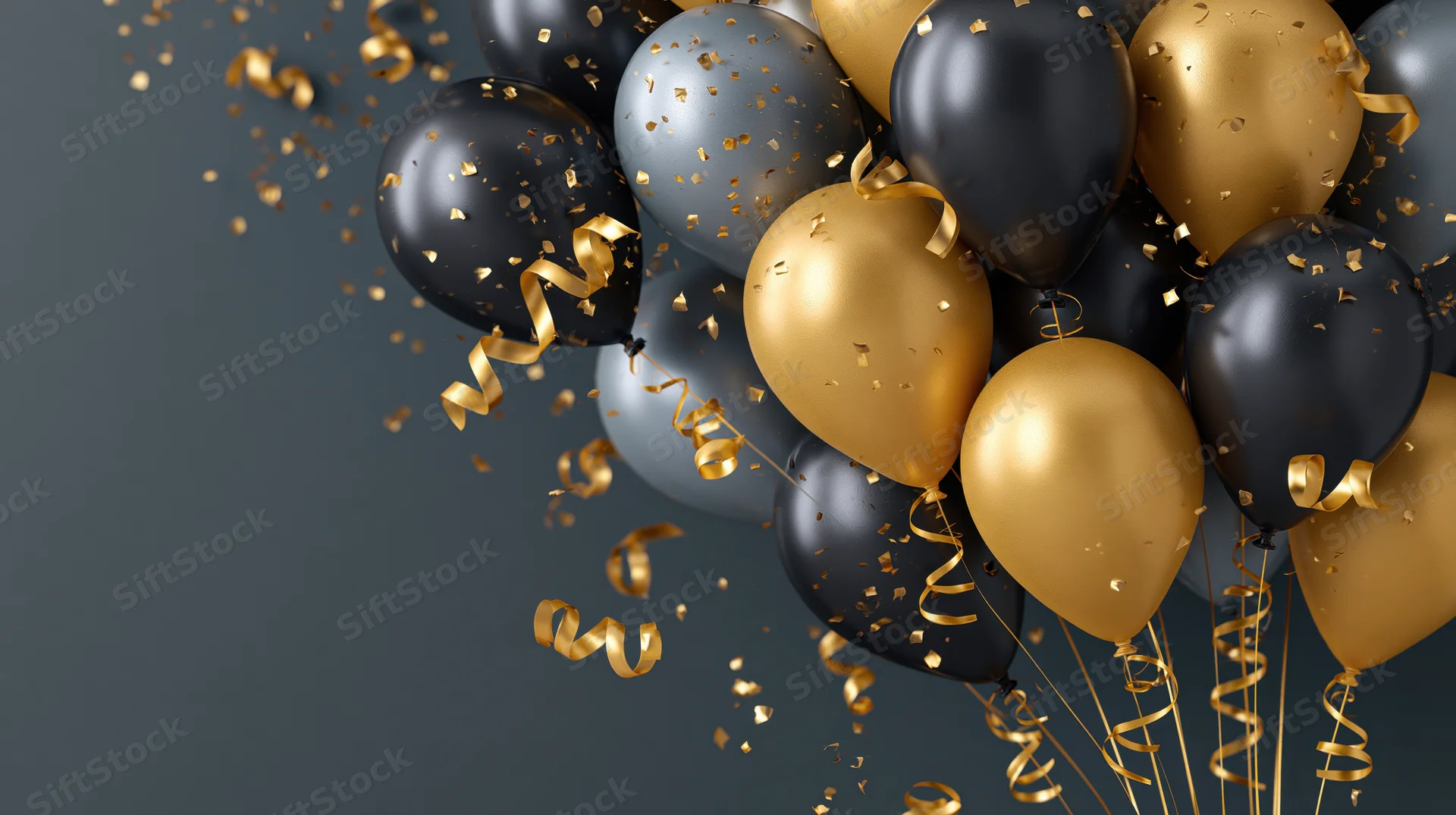Cluster of black and gold metallic balloons with confetti and streamers against dark gray background