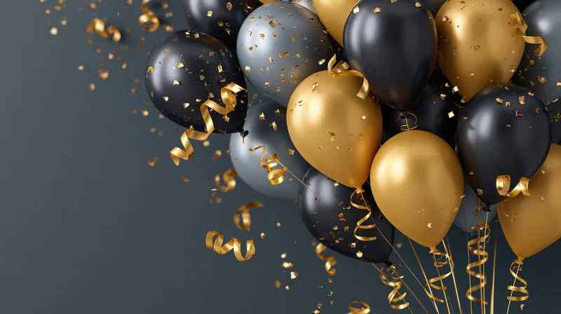 Cluster of black and gold metallic balloons with confetti and streamers against dark gray background