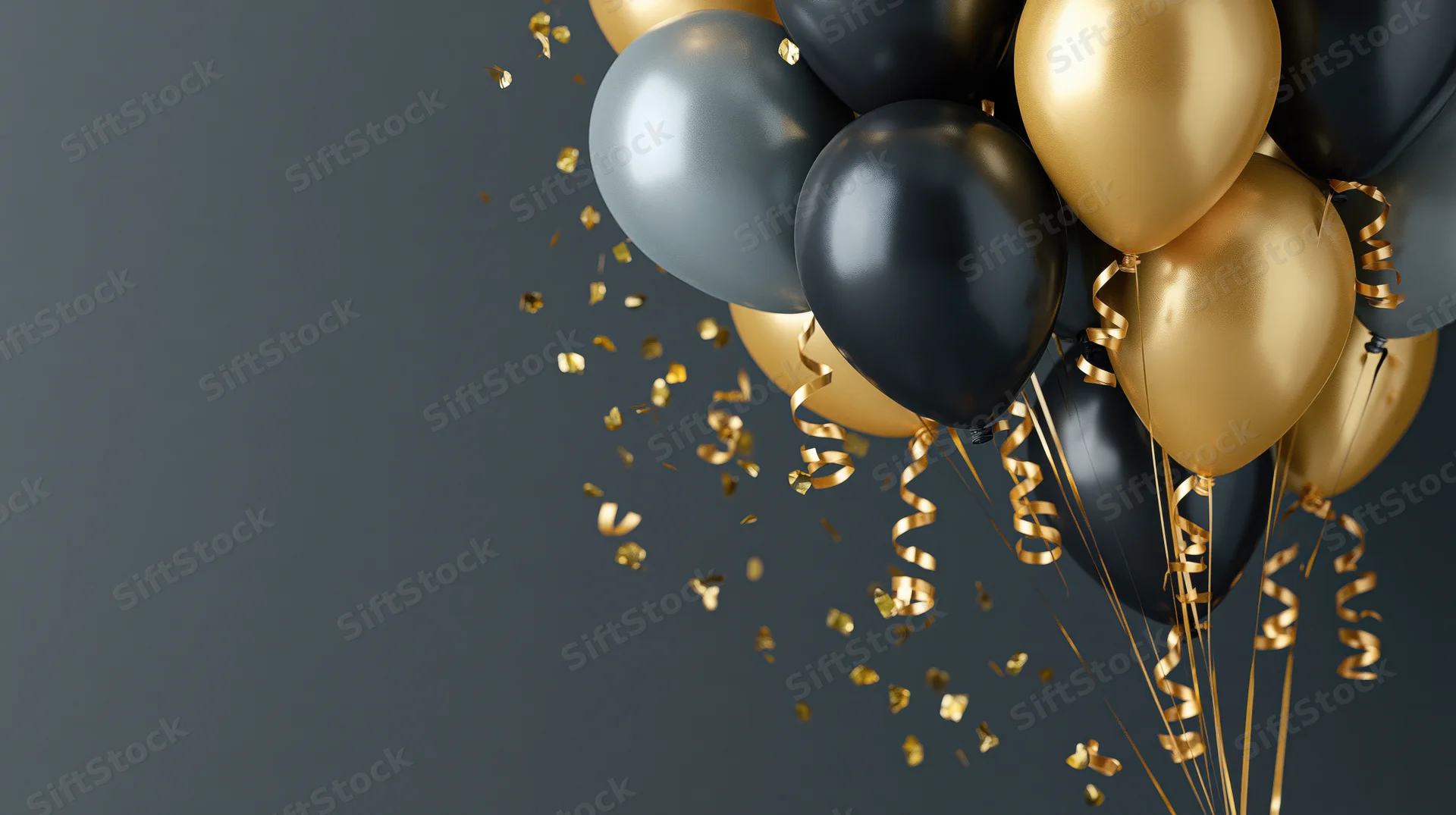 Cluster of black and gold metallic balloons floating with confetti and streamers against dark gray background