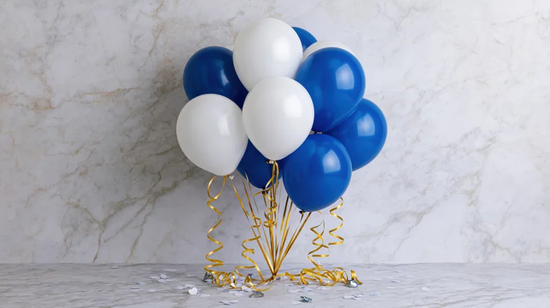 Cluster of blue and white latex balloons with gold ribbons and scattered confetti on a marble surface