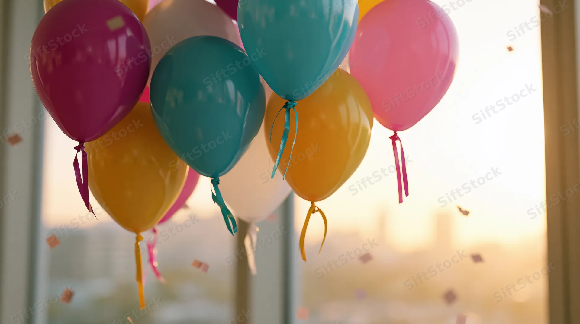 Colorful helium balloons floating near a window with confetti in the air