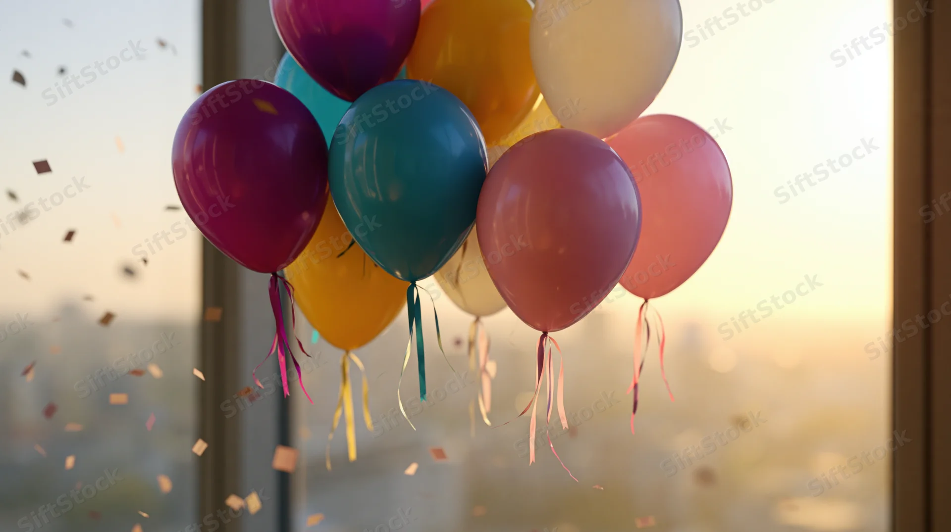 Cluster of colorful helium balloons floating near a window with confetti and city view at sunset