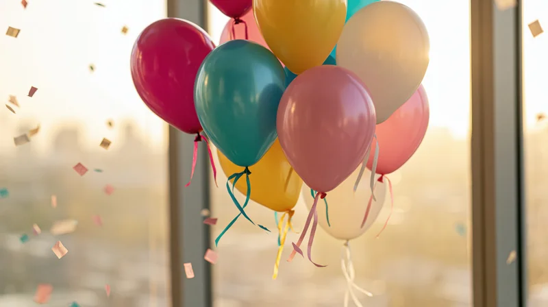 Cluster of colorful helium balloons floating near a window with confetti drifting in the air