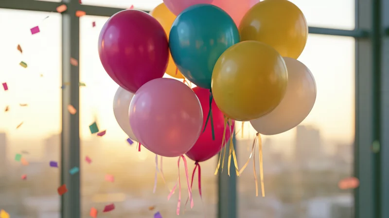 Cluster of colorful helium balloons with confetti floating near a window overlooking a city at sunset