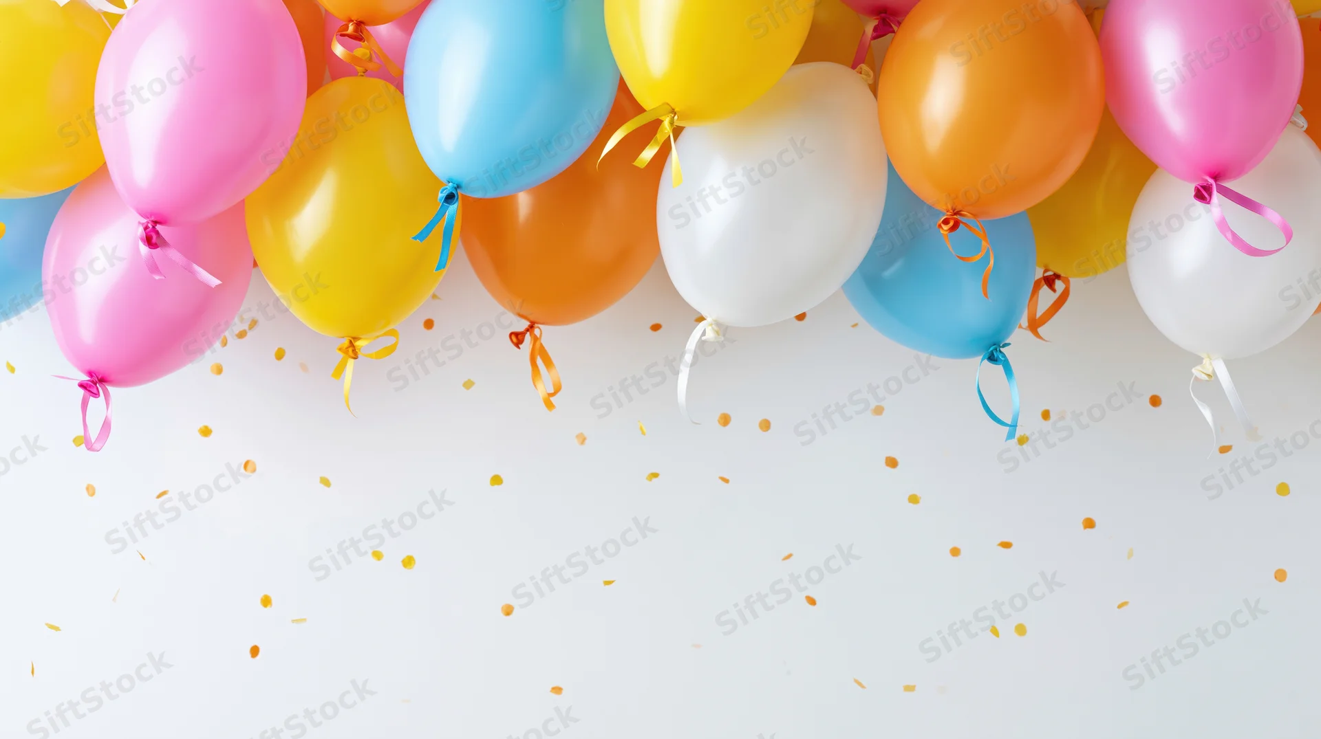 Cluster of colorful party balloons floating above scattered confetti on white background