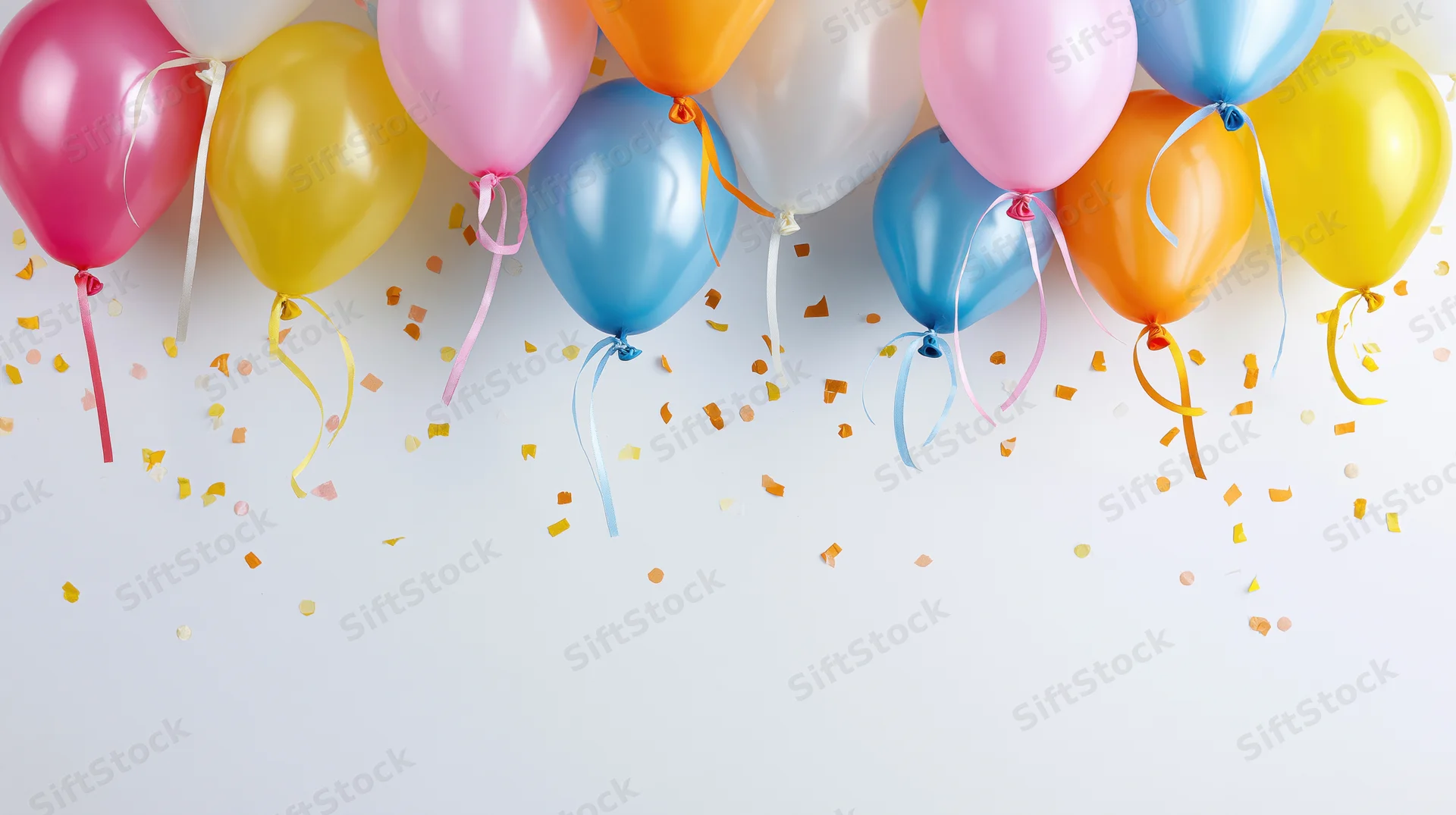 Colorful party balloons floating above scattered confetti on white background
