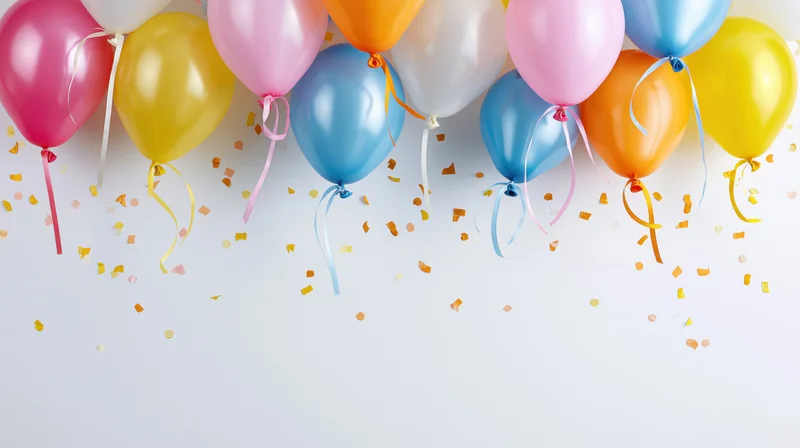 Colorful party balloons floating above scattered confetti on white background