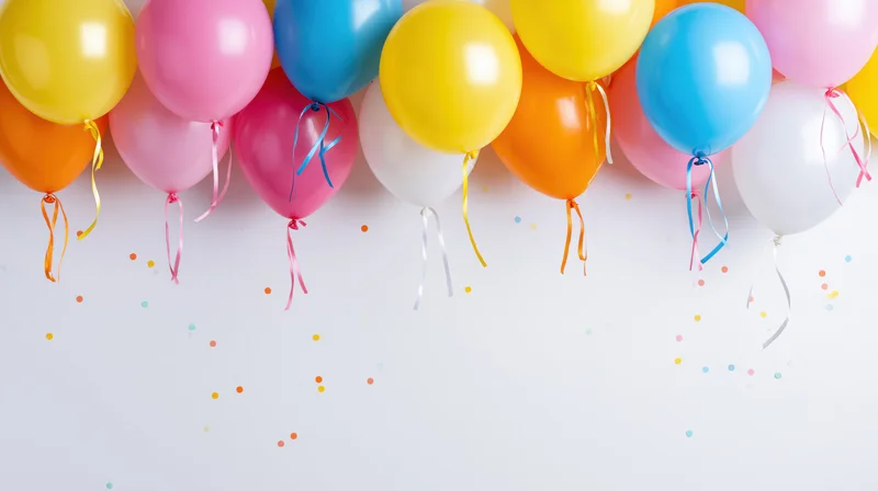 Colorful party balloons clustered at top with confetti and copyspace below