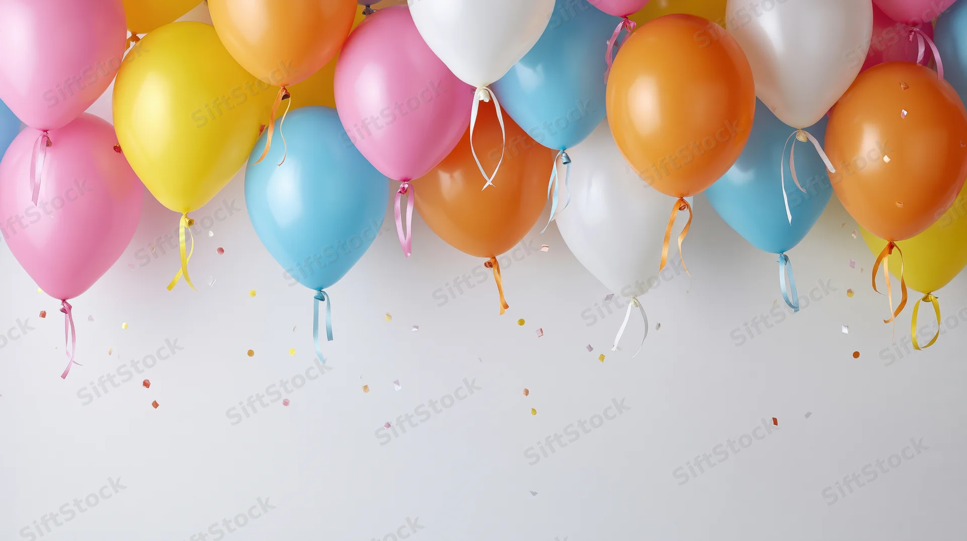 Cluster of colorful party balloons floating above confetti with copyspace below