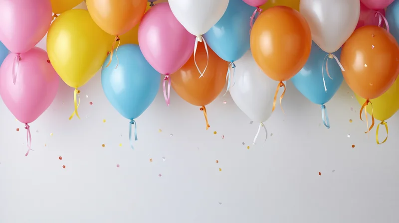 Cluster of colorful party balloons floating above confetti with copyspace below