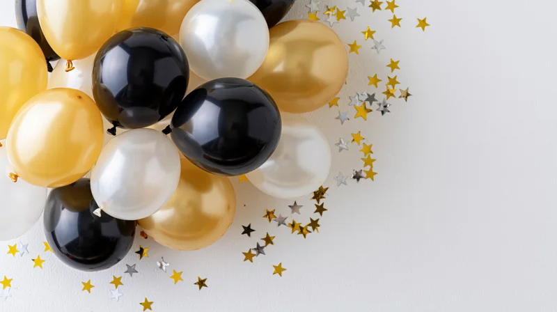 Cluster of glossy black gold metallic and white pearl balloons with star confetti on white surface