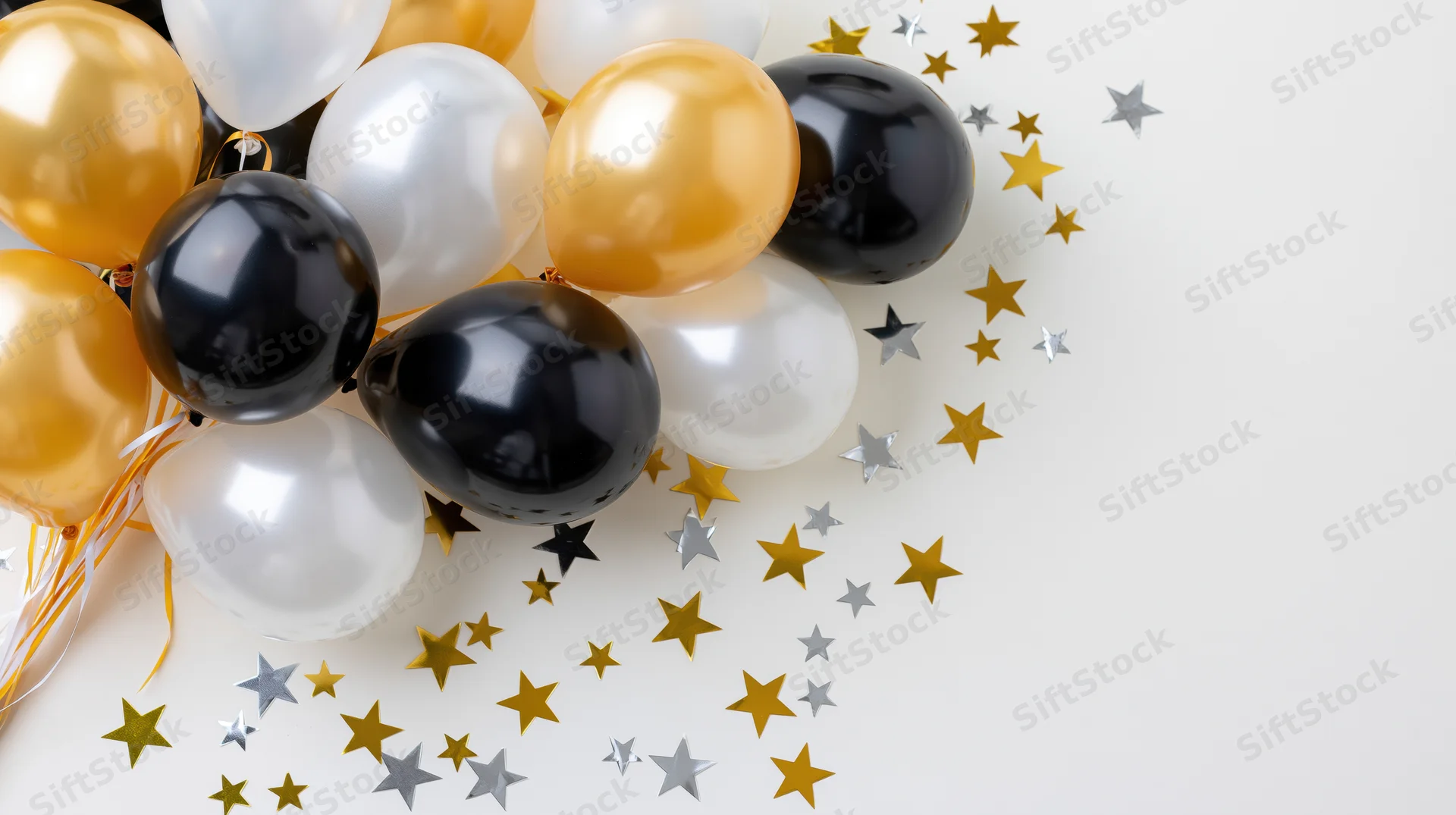 Cluster of glossy black, gold, and white balloons with star confetti on white surface