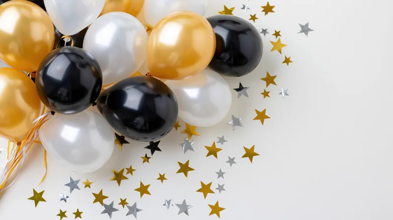 Cluster of glossy black, gold, and white balloons with star confetti on white surface