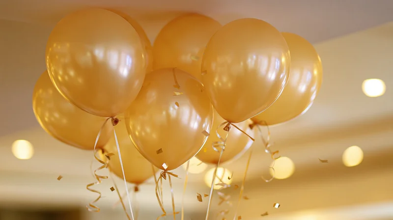 Cluster of gold metallic helium balloons floating near ceiling with confetti and ribbons in warm indoor light