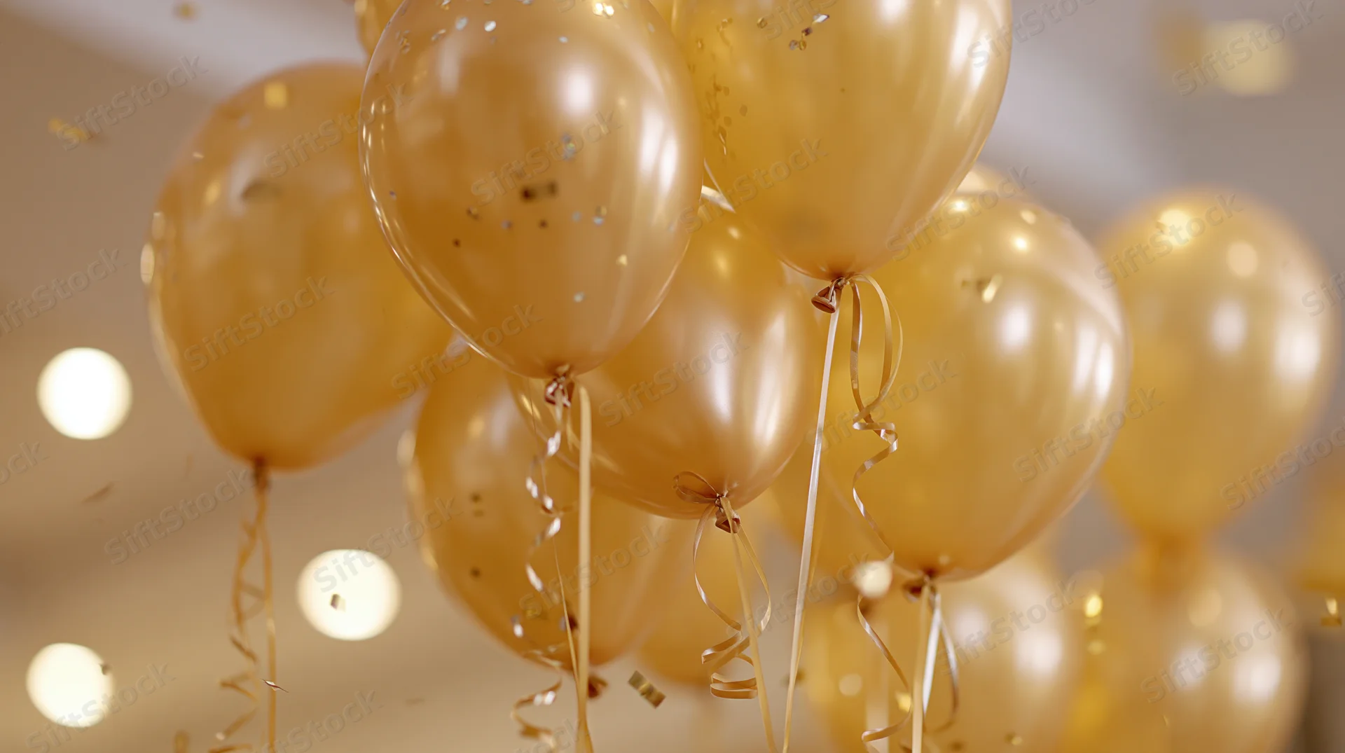 Cluster of gold metallic helium balloons floating near ceiling with confetti and warm bokeh lights
