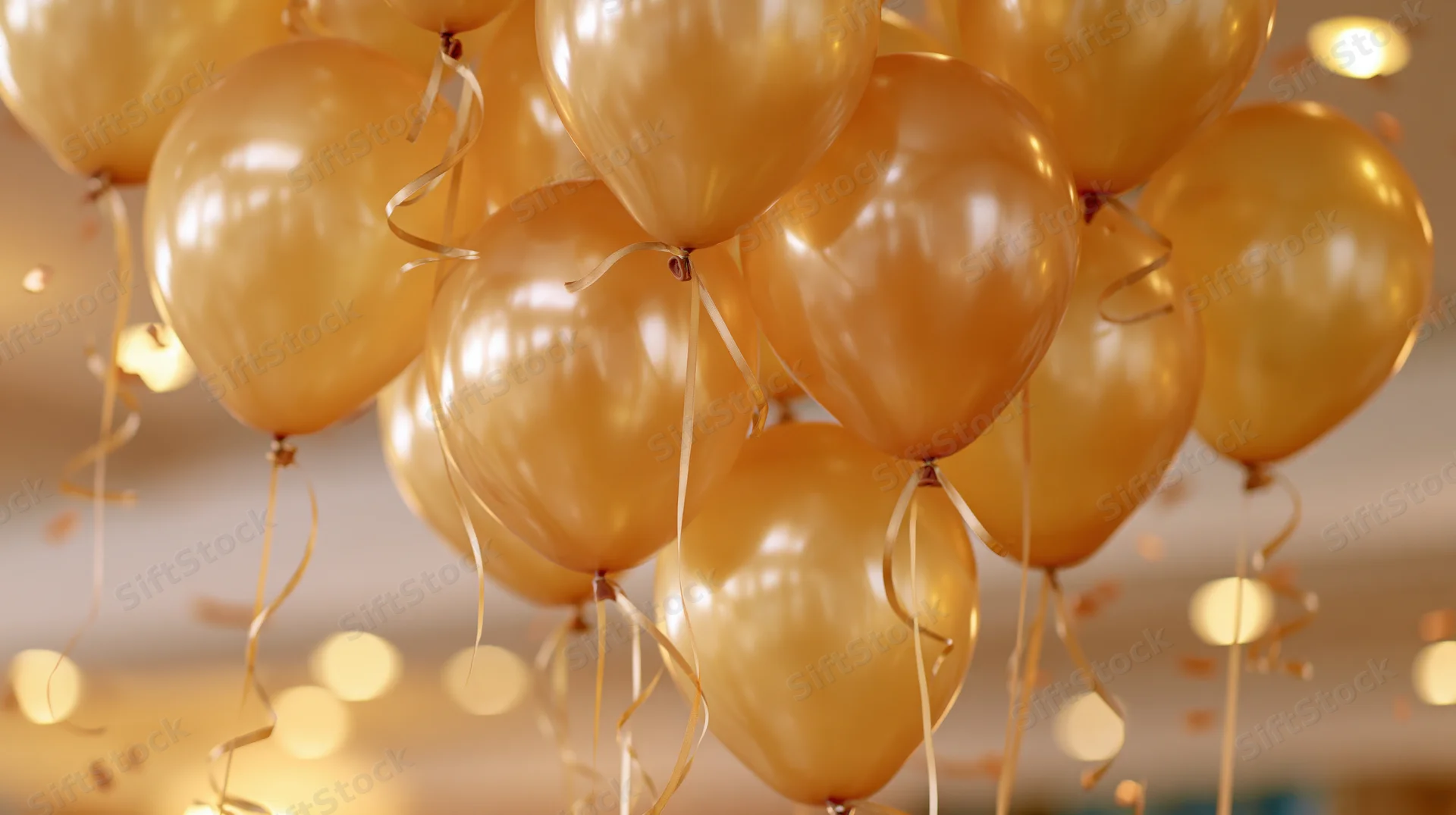 Cluster of gold metallic helium balloons floating near ceiling with bokeh lights and confetti in background