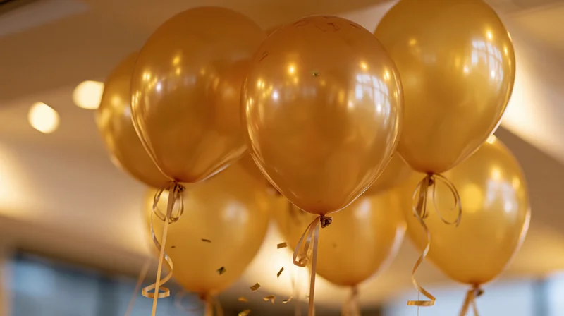 Cluster of gold metallic helium balloons floating near ceiling in indoor celebration setting