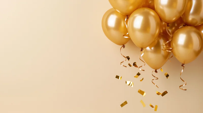 Cluster of gold metallic balloons with falling confetti on beige background