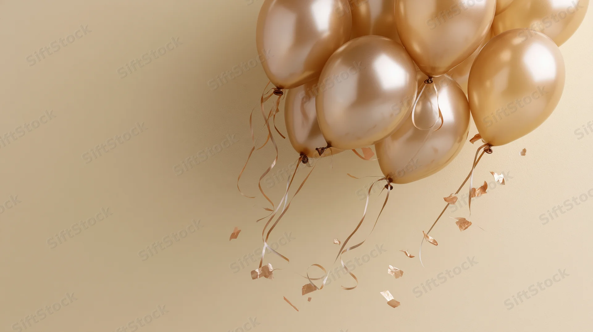 Cluster of gold metallic balloons floating with confetti and ribbons against beige background
