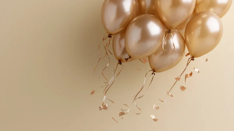 Cluster of gold metallic balloons floating with confetti and ribbons against beige background
