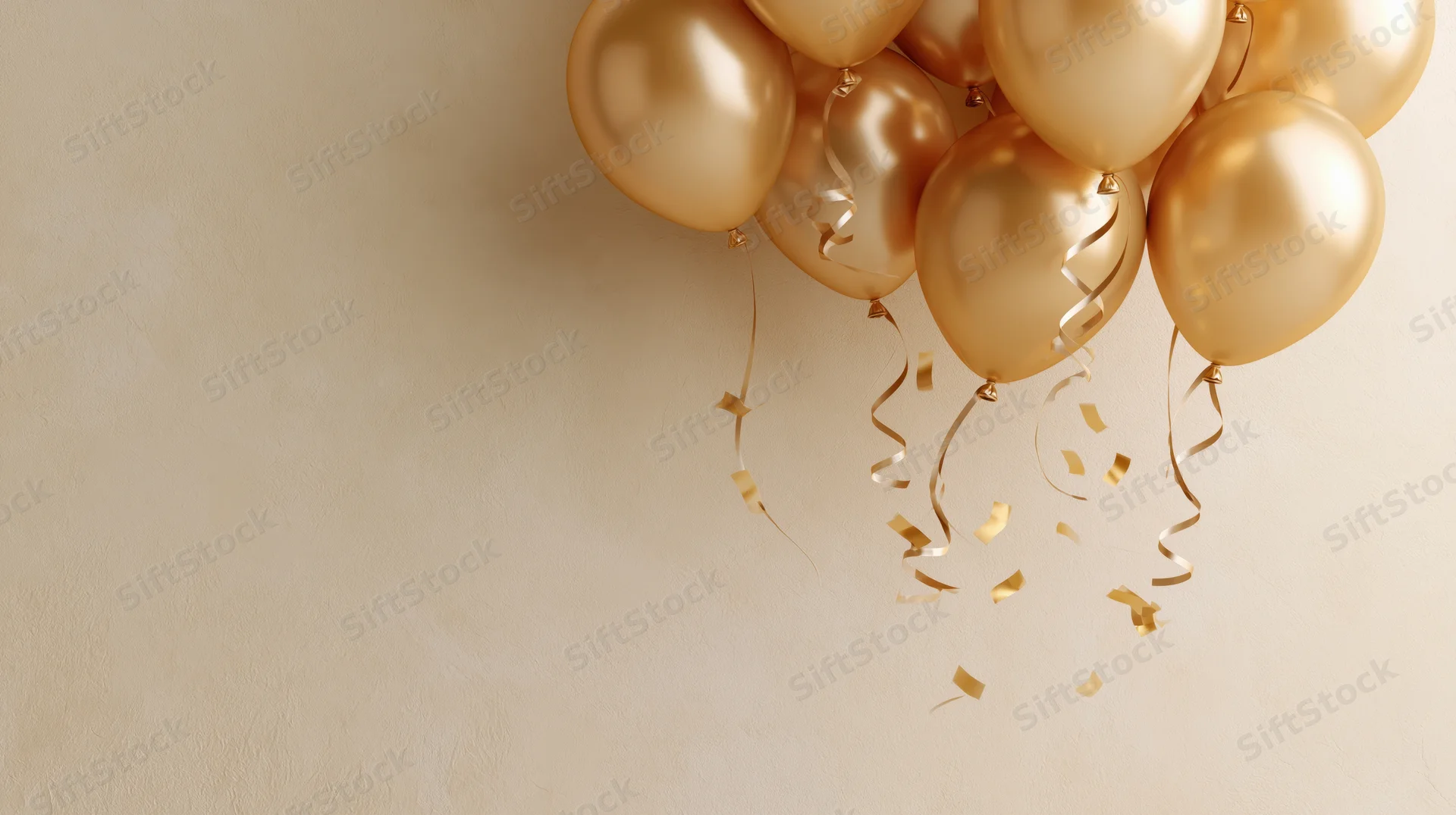Cluster of gold metallic helium balloons with confetti and streamers against a beige wall