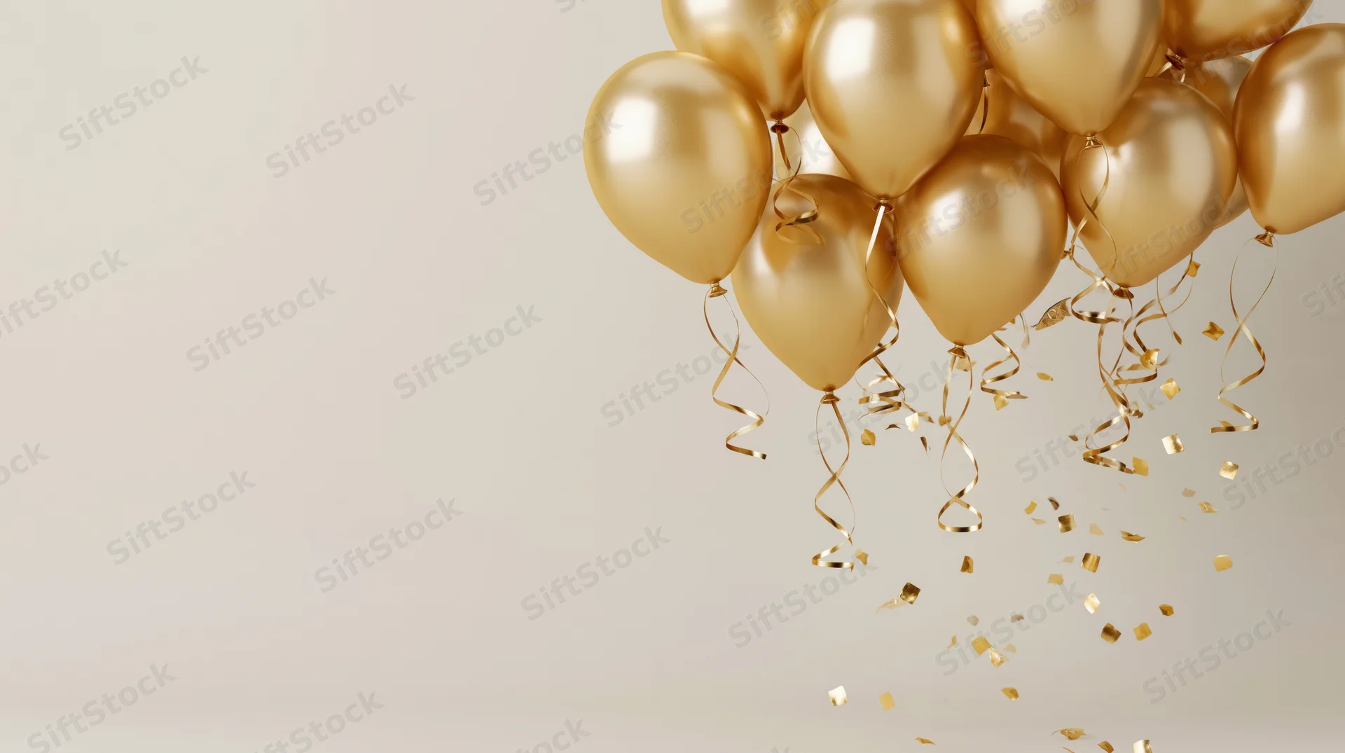 Cluster of gold metallic helium balloons with falling confetti and streamers against a plain background