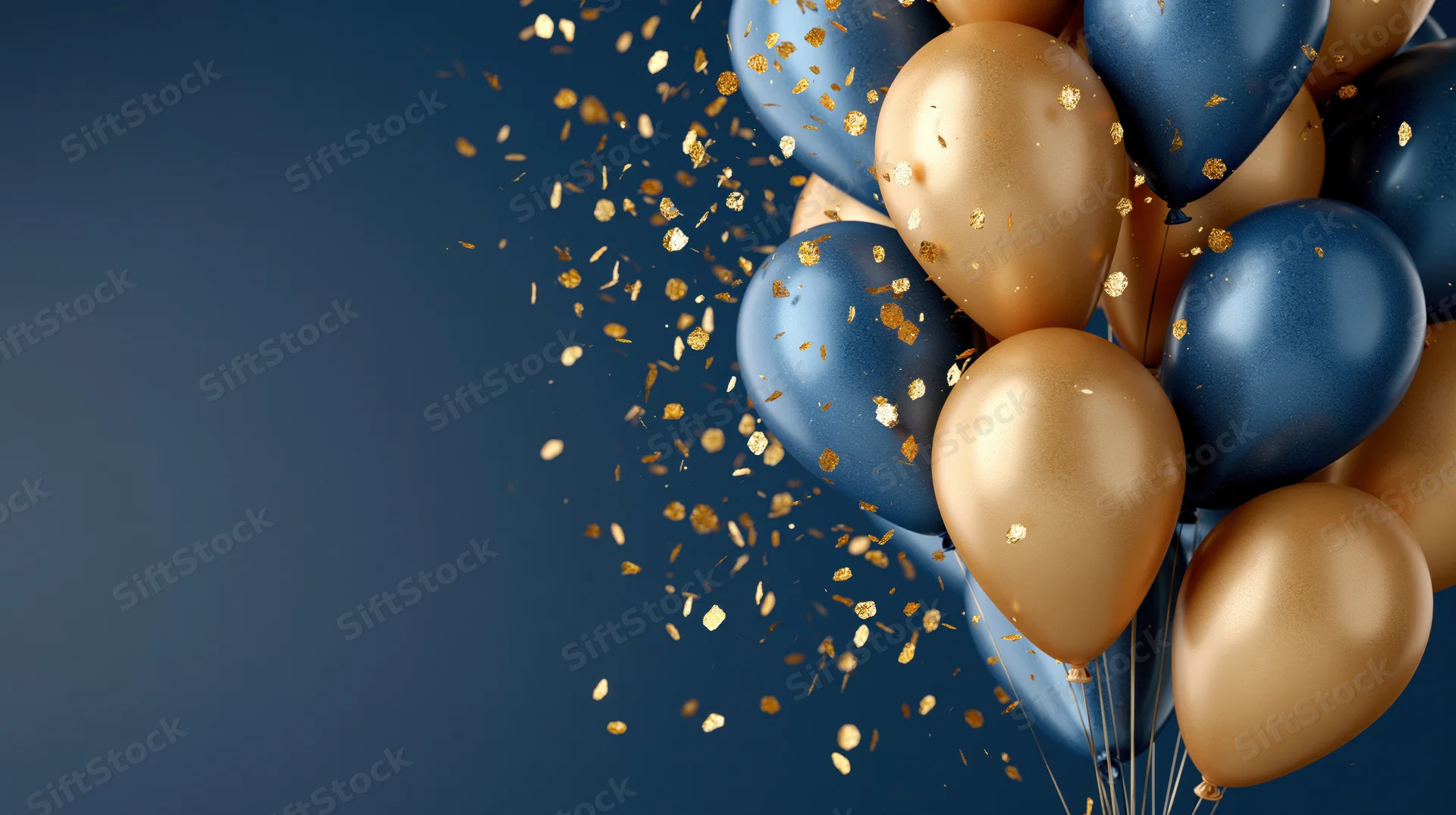 Cluster of metallic navy blue and gold balloons with floating confetti against a dark blue background