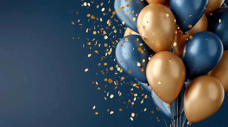 Cluster of metallic navy blue and gold balloons with floating confetti against a dark blue background