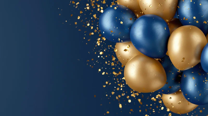 Metallic navy blue and gold balloons clustered with glitter against a dark blue background, copyspace on left