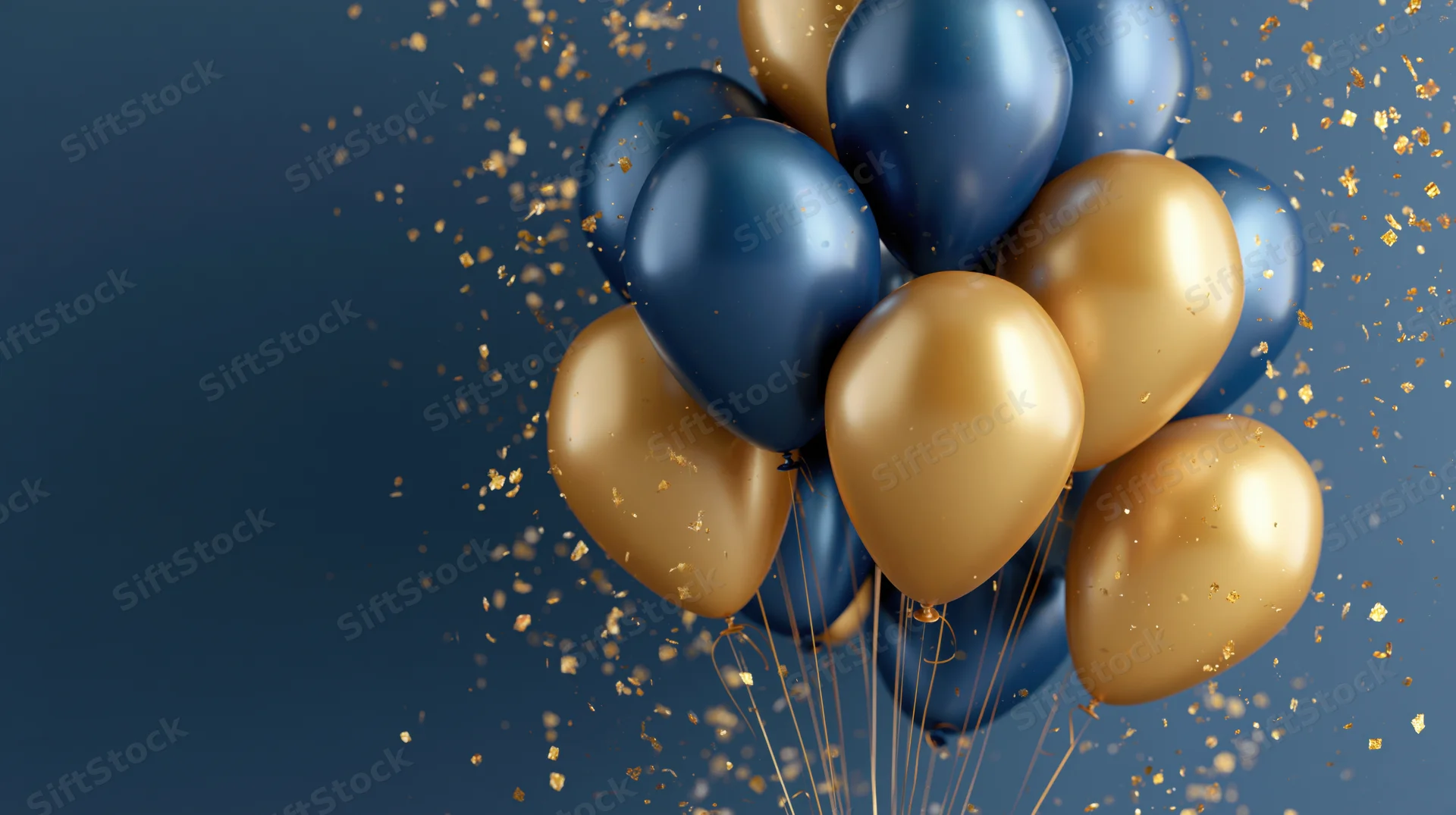 Cluster of metallic navy blue and gold balloons floating with golden confetti against a dark blue background