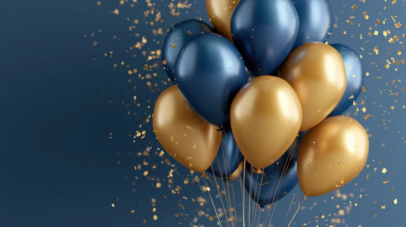 Cluster of metallic navy blue and gold balloons floating with golden confetti against a dark blue background