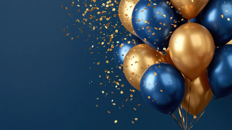 Metallic navy blue and gold balloons with floating confetti against a dark blue background