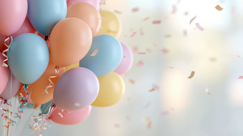 Cluster of pastel-colored helium balloons with curling ribbon floating amidst falling confetti