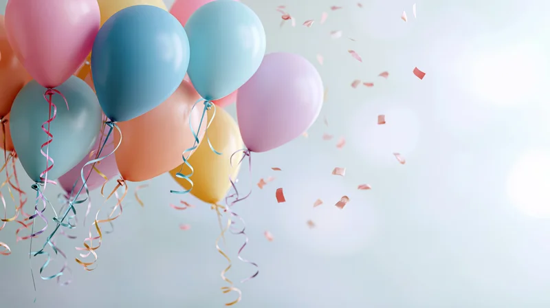 Cluster of pastel-colored helium balloons with curling ribbons floating against a bright background with scattered confetti