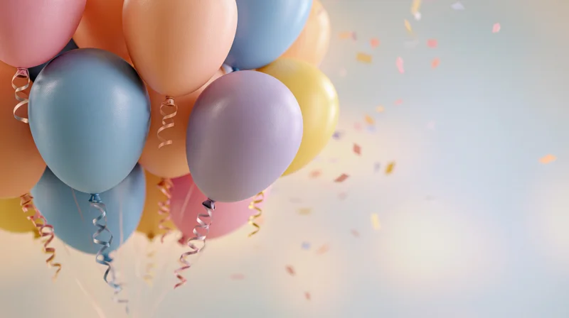 Cluster of pastel-colored helium balloons floating with curling ribbon and confetti against a soft light background
