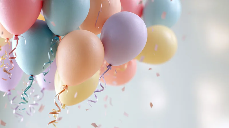 Cluster of pastel-colored helium balloons floating with curling ribbons and confetti against a soft light background