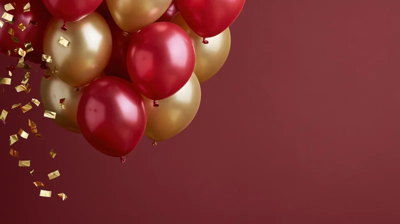 Cluster of red and gold metallic balloons with falling confetti against a burgundy background