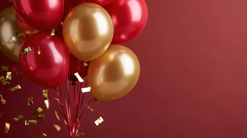 Cluster of red and gold metallic balloons with falling confetti against a deep red background