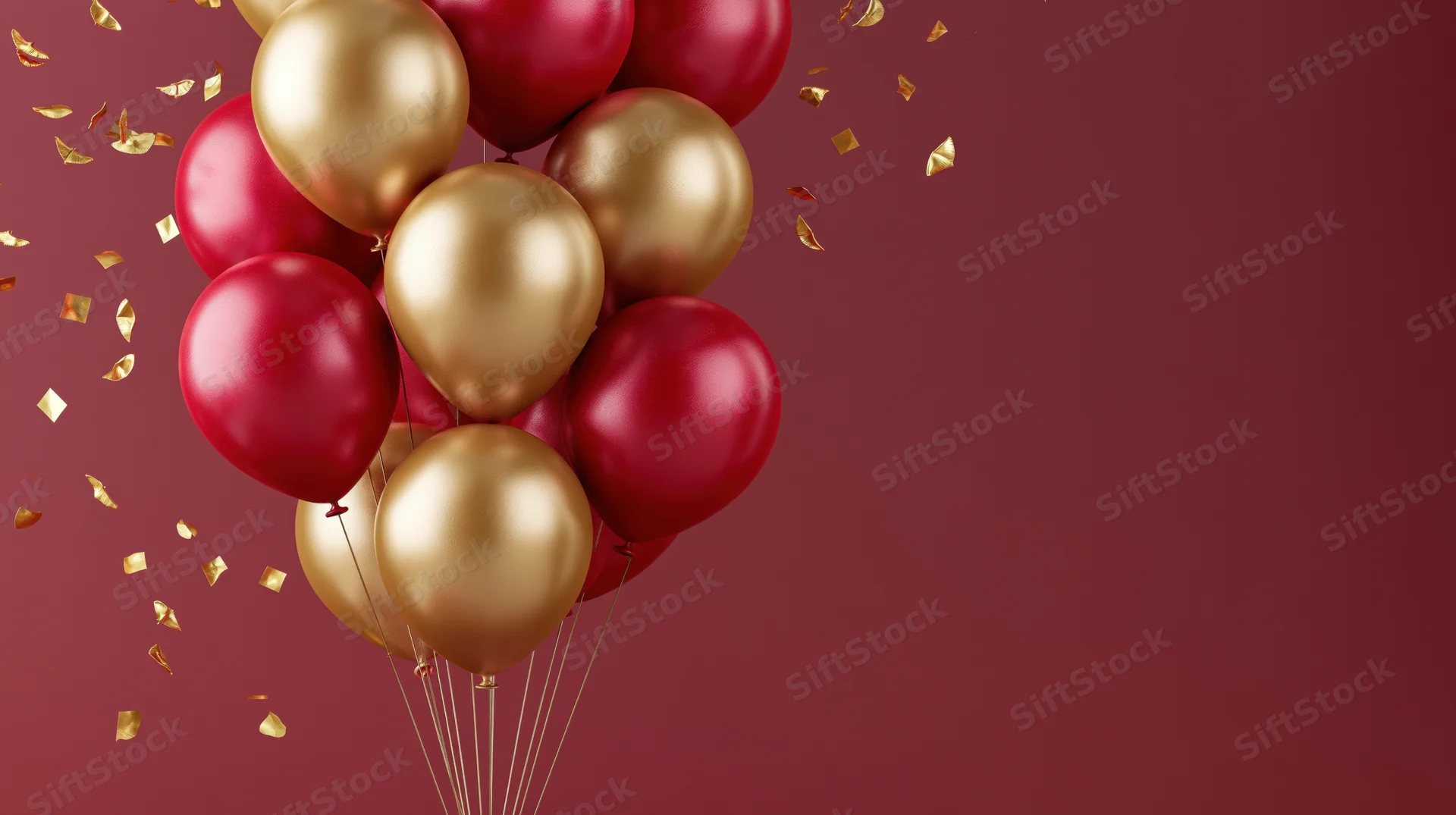Cluster of red and gold metallic balloons floating with golden confetti against a deep red background