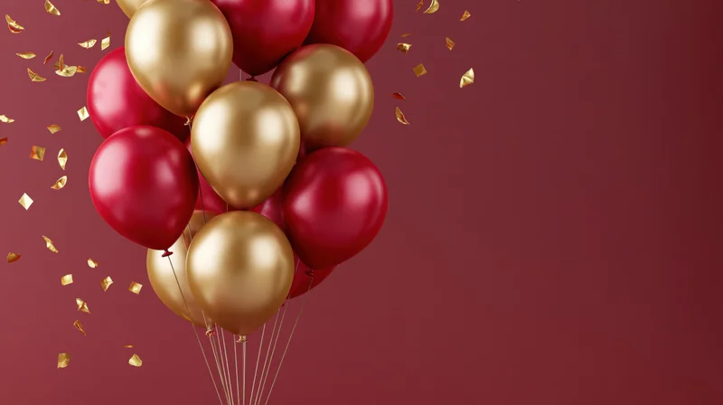 Cluster of red and gold metallic balloons floating with golden confetti against a deep red background