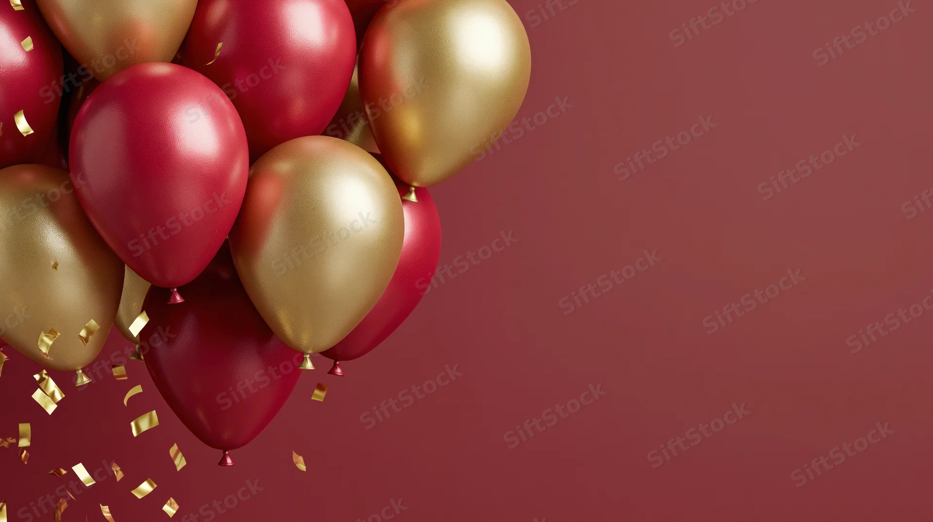 Cluster of red and metallic gold balloons with falling confetti on a maroon background