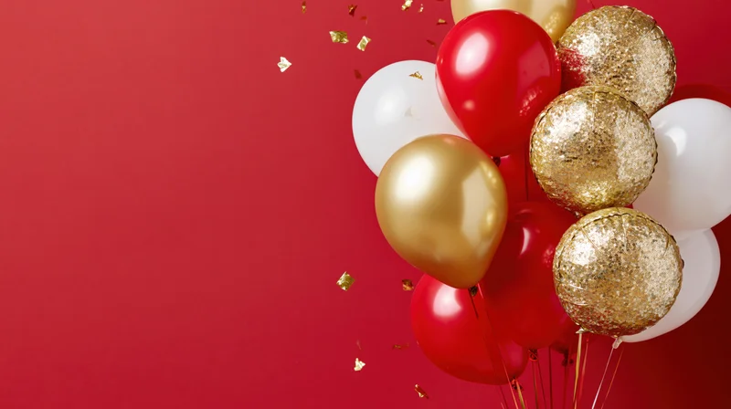 Cluster of red, gold, and white balloons with gold sequin confetti on red background